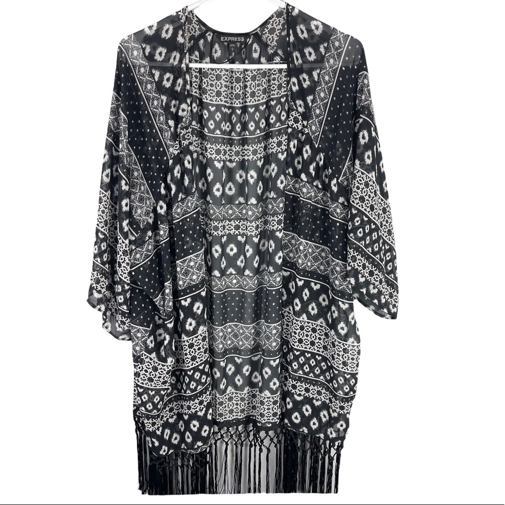 Express kimono print tassel cardigan top black and white